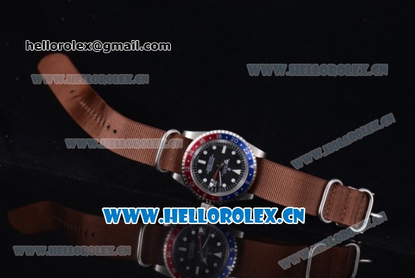 Rolex GMT-Master Asia 2813 Automatic Steel Case with Black Dial Brown Nylon Strap and Dot Markers - Click Image to Close